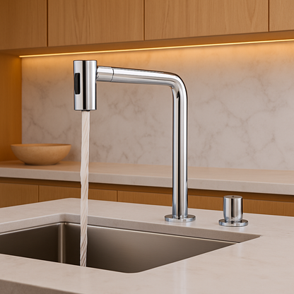 Modern smart chrome kitchen faucet with running water in a kitchen setting