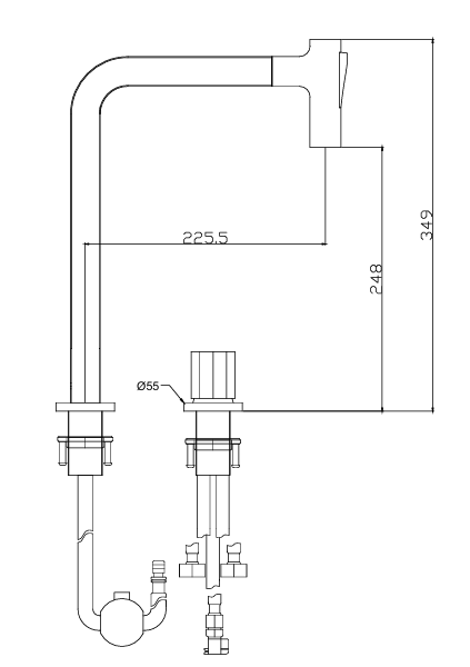 Technical drawing of a faucet plumbing fixture with dimensions