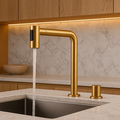 Brushed gold kitchen faucet with running water in a modern kitchen setting