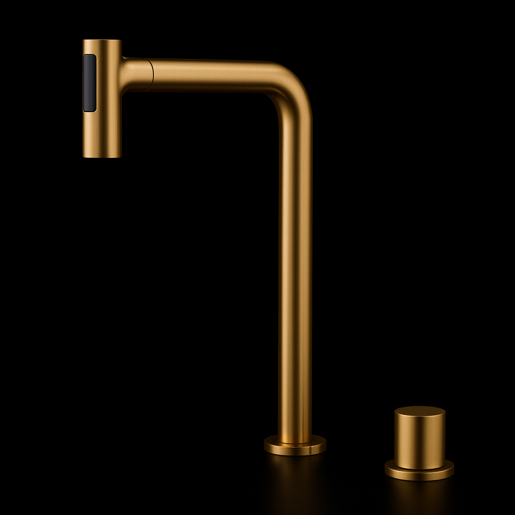Brushed gold kitchen faucet with a gold single knob handle on a black background