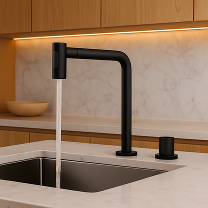 Matte Black kitchen faucet with water flowing into a sink in a modern kitchen setting.