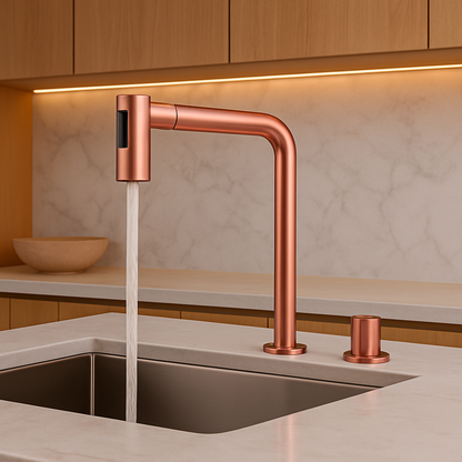 Rose gold kitchen faucet in a modern kitchen setting with marble backsplash and wooden cabinets.