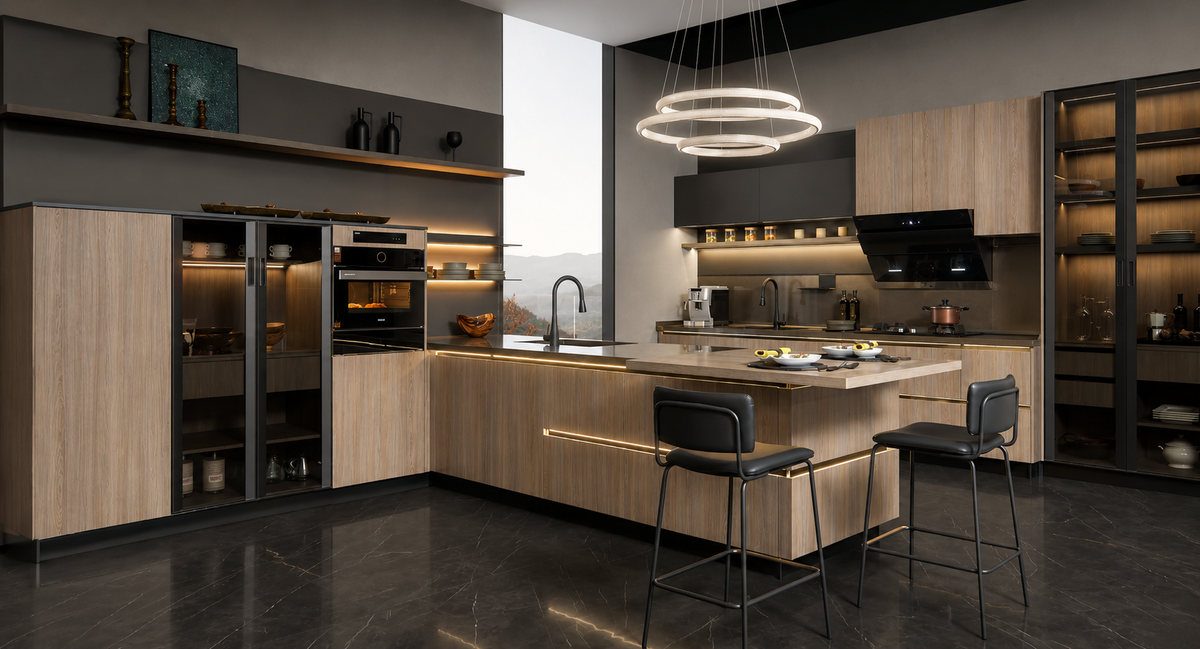 A modern L-shaped kitchen interior with light wood cabinetry, dark gray countertops and flooring, built-in appliances, open shelving, a central island with two black bar stools, and a circular pendant light.