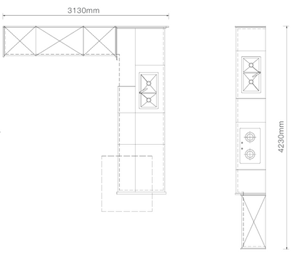 A black and white technical line drawing showing the dimensions of a kitchen layout, with top-down and side-view measurements labeled 3130mm and 4230mm.