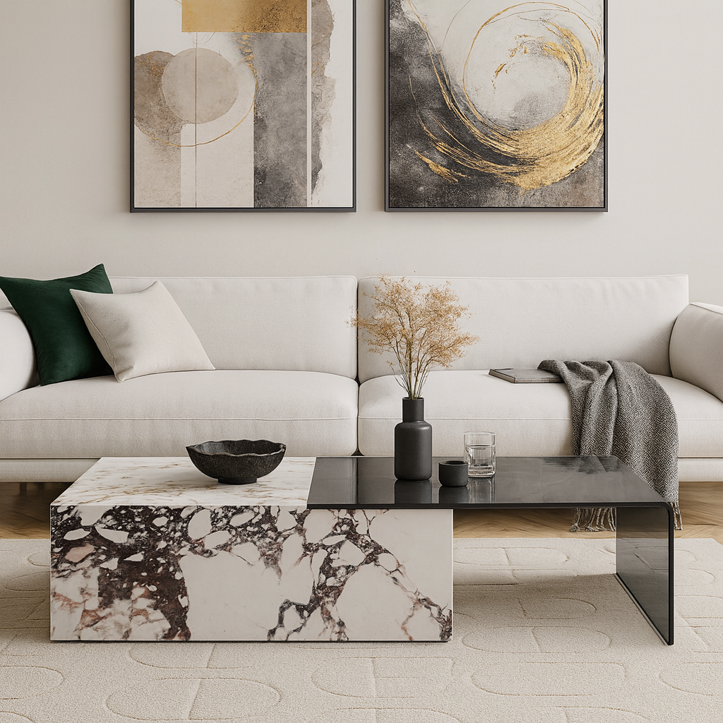 Modern living room with a white sofa, marble coffee table, and abstract art on the wall.