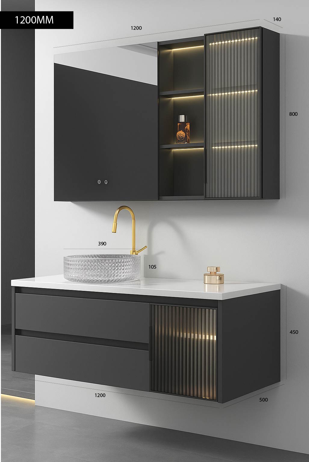Wall-Mounted Vanity: Double Drawer with Fluted Glass Cabinet and LED Mirror Black Colour with measurements