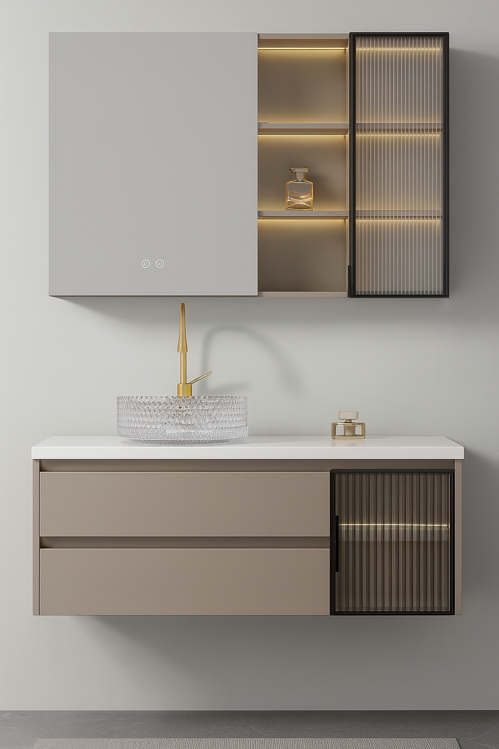 Wall-Mounted Vanity: Double Drawer with Fluted Glass Cabinet and LED Mirror Brown Colour