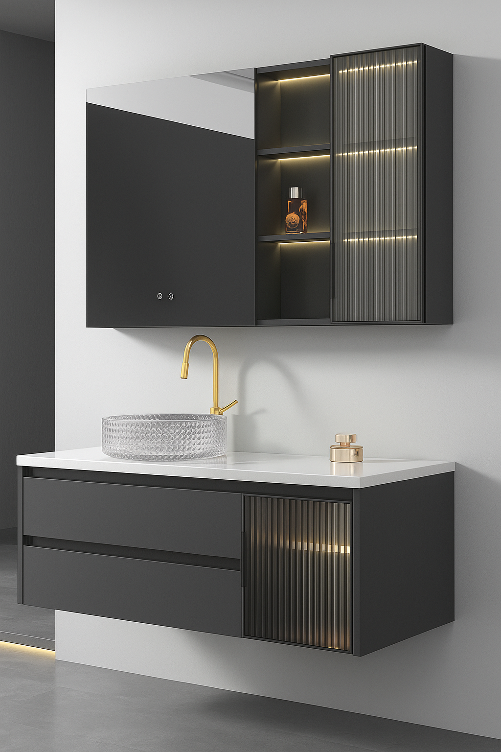 Wall-Mounted Vanity: Double Drawer with Fluted Glass Cabinet and LED Mirror Dark Colour