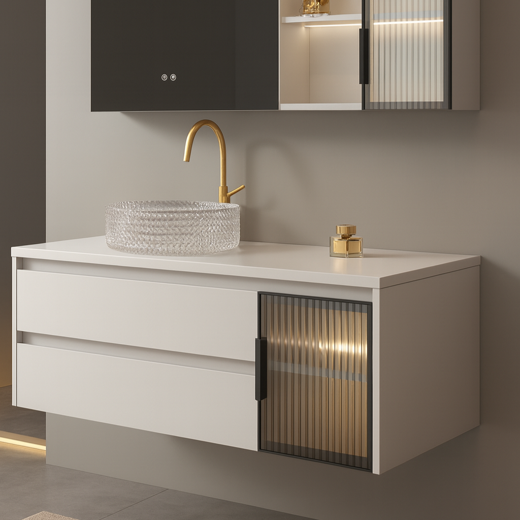Wall-Mounted Vanity: Double Drawer with Fluted Glass Cabinet and LED Mirror