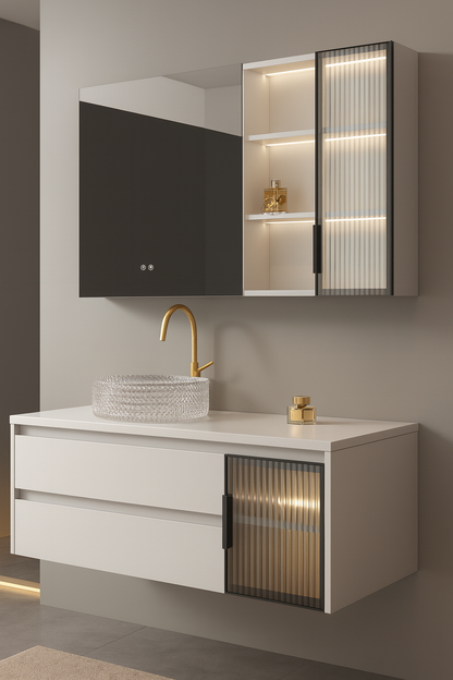 Wall-Mounted Vanity: Double Drawer with Fluted Glass Cabinet and LED Mirror White Colour