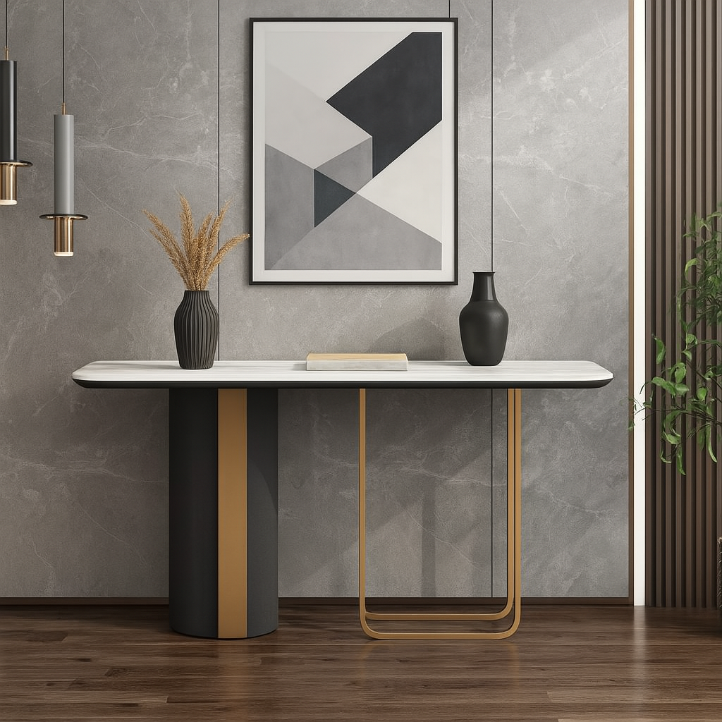 Modern console table with marble top and black and gold base against a gray wall with abstract art.