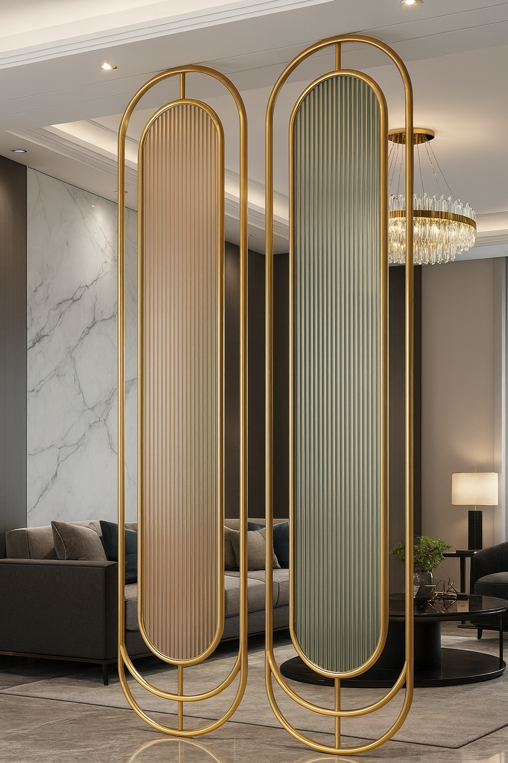 Auryn luxury stainless steel wall partition with ribbed panels and gold frame in a modern interior.