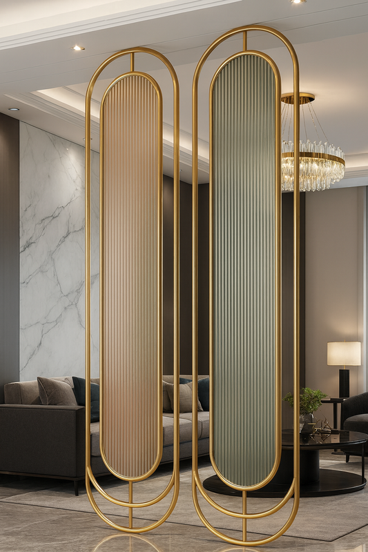 Auryn luxury stainless steel wall partition with ribbed panels and gold frame in a modern interior.