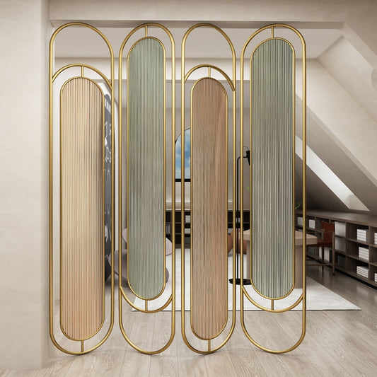 Elegant gold-framed partition used as a space divider in a contemporary living area.