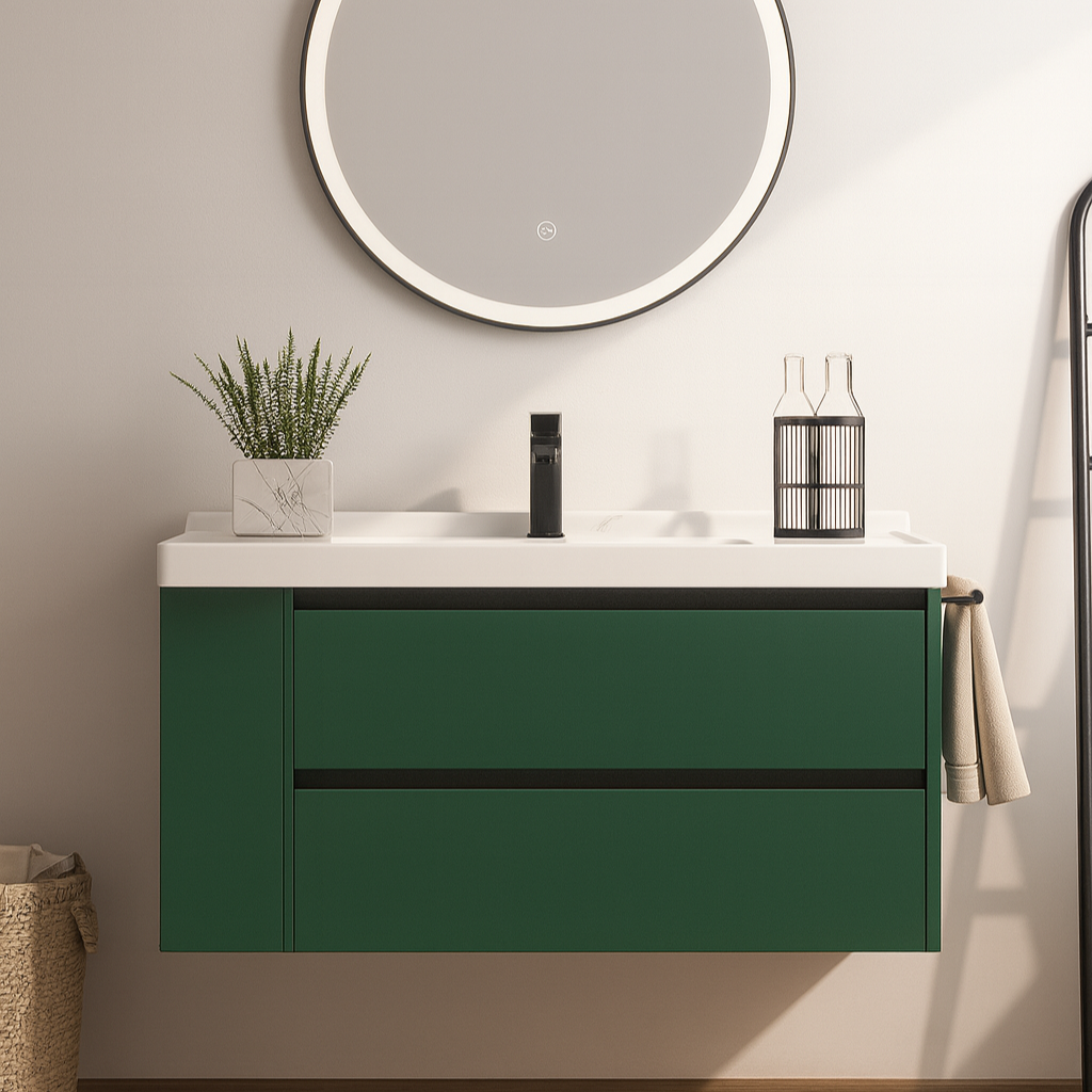 Modern wall-mounted vanity in matte green with LED round mirror. SAIBA Homes, Ontario