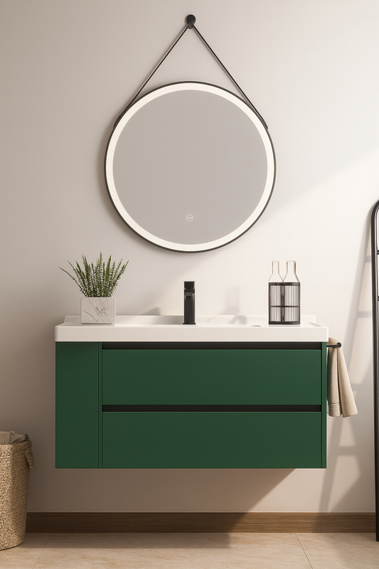 Modern wall-mounted vanity in matte green with LED round mirror. SAIBA Homes, Ontario