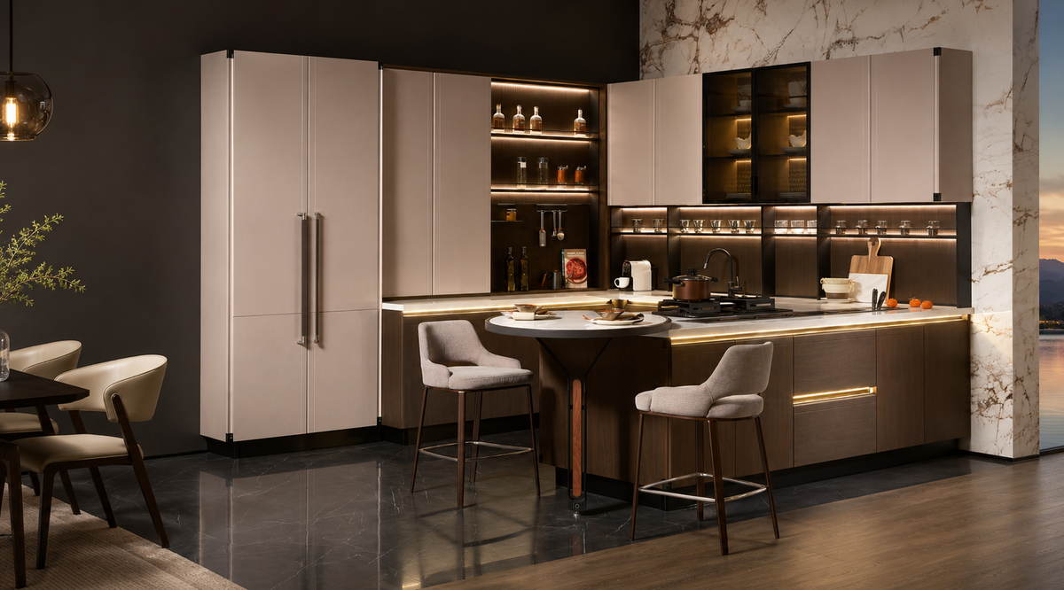 A modern kitchen island setup with tall cream cabinets, dark wood lower cabinets, built-in shelving with warm lighting, two upholstered bar stools, and a round island table in a styled interior.
