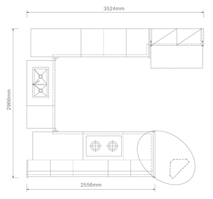 A black and white technical line drawing showing the dimensions of a kitchen layout, with measurements of 3524mm in width, 2968mm in height, and 2556mm at the bottom.