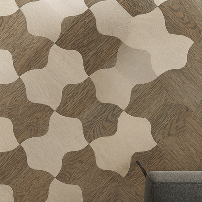 Curved dual-tone Walnut/Oak engineered flooring panels in interlocking pattern – SAIBA Homes