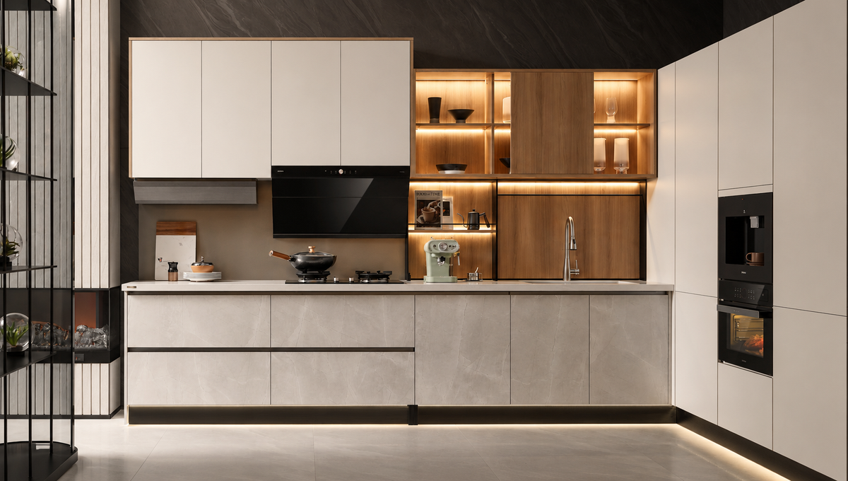 Modern kitchen cabinetry set with white flat-panel upper and lower cabinets, warm wood shelving with built-in under-cabinet lighting, a black range hood, and integrated black appliances on a light gray floor.