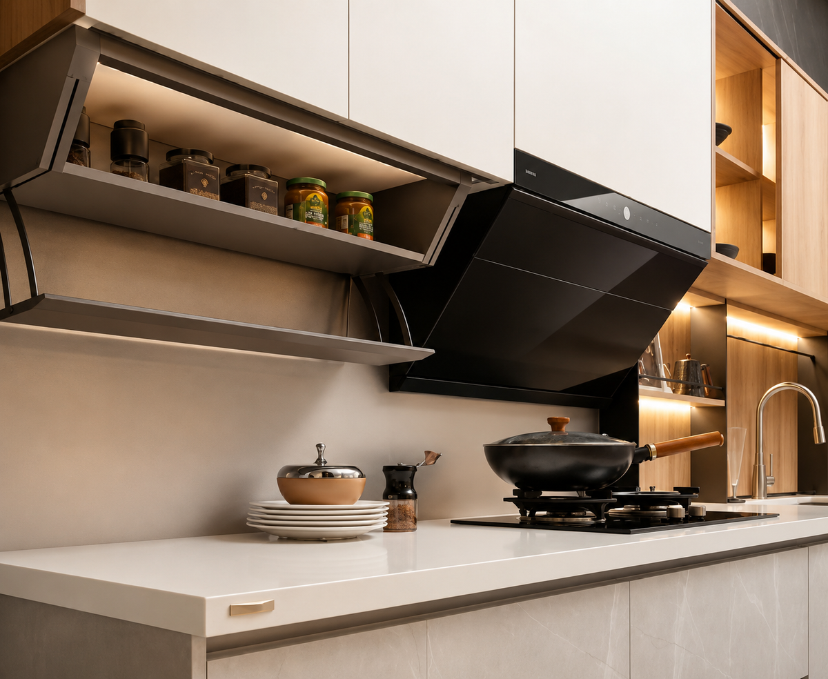 Modern kitchen scene with a black range hood mounted beneath white upper cabinets, a white countertop, open shelving with jars, and a stovetop wok on a gas cooktop.