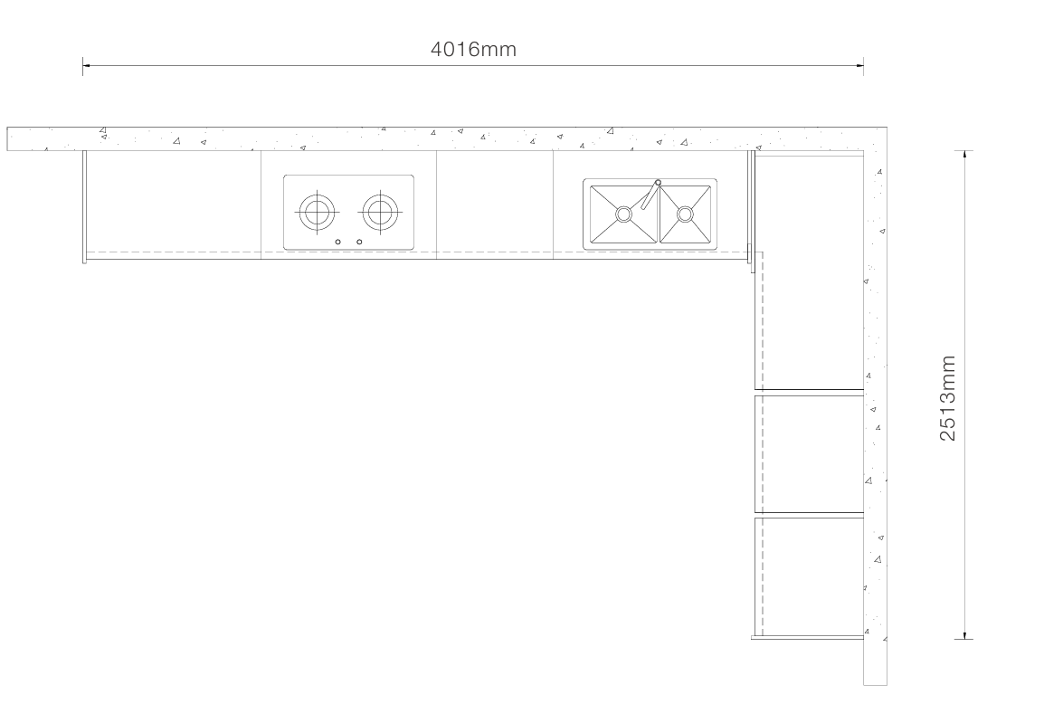 A black-and-white technical line drawing showing the dimensions of a kitchen cabinet layout, with measurements labeled 4016mm across the top and 2513mm along the right side.