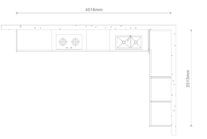 A black-and-white technical line drawing showing the dimensions of a kitchen cabinet layout, with measurements labeled 4016mm across the top and 2513mm along the right side.