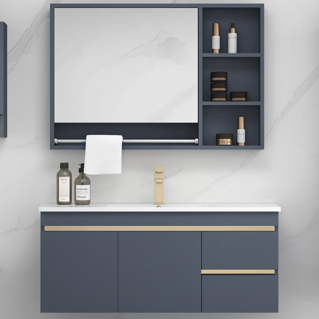 Modern wall-hung blue vanity with soft-close drawers and brushed gold handles. SAIBA Homes