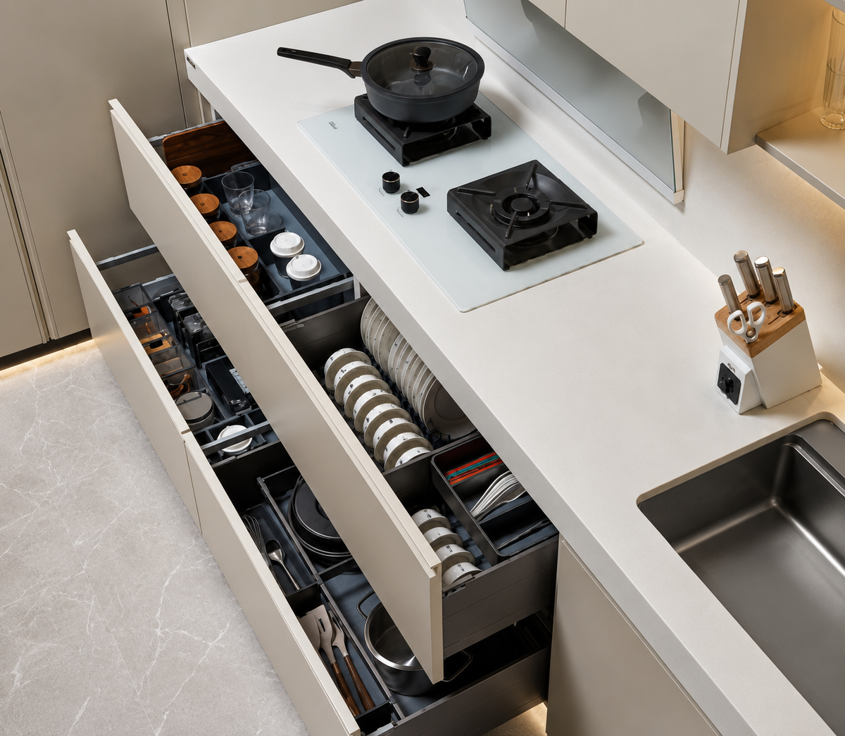 A modern kitchen organizer with multiple drawers pulled open to reveal neatly arranged cookware, plates, utensils, and spice jars, set under a white countertop with a built-in sink and cooktop.