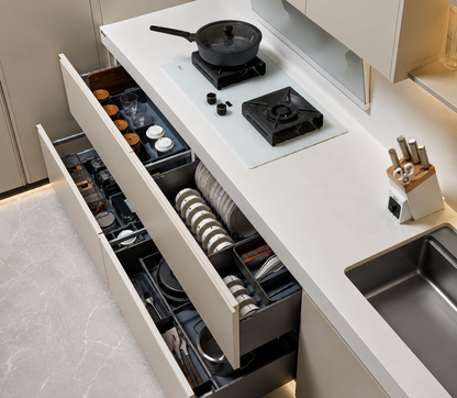 A modern kitchen organizer with multiple drawers pulled open to reveal neatly arranged cookware, plates, utensils, and spice jars, set under a white countertop with a built-in sink and cooktop.