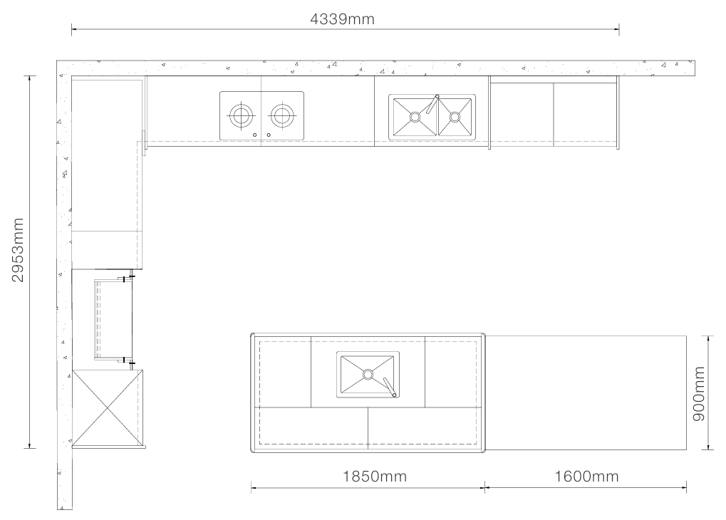 A black-and-white kitchen layout measurement diagram showing top-down and side views with dimensions such as 4339mm, 2953mm, 1850mm, 1600mm, and 900mm.