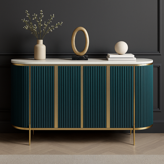 Modern teal console with gold accents against a dark wall