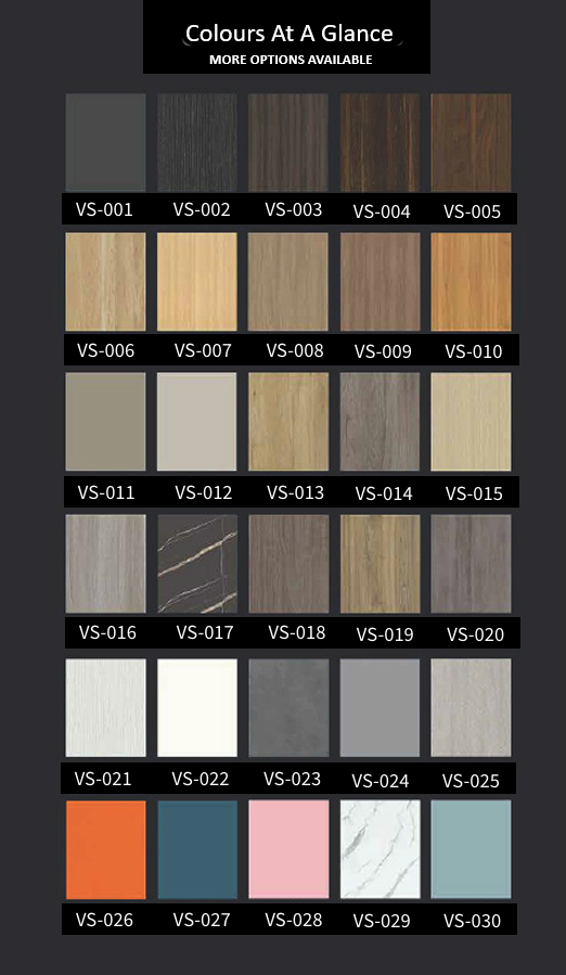Full range of bathroom vanity finishes including woodgrain, matte, and marble textures – many colour options by SAIBA Homes.