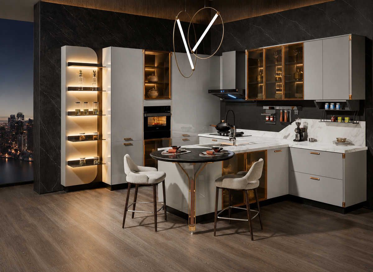 A modern kitchen interior with white cabinetry, warm wood accents, black marble surfaces, built-in lighting, and two white bar stools around a small round island table. No people or animals are present, and the scene is styled as a product showcase rather than a real lived-in environment.
