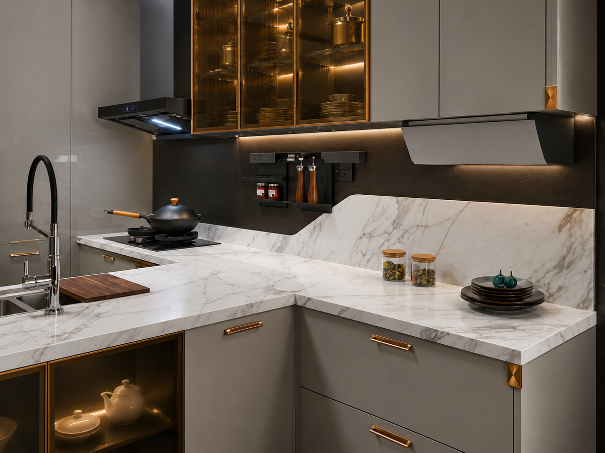 Modern kitchen interior with gray cabinetry, white marble countertops and backsplash, gold-toned hardware, and built-in black appliances including a stove, range hood, and sink.