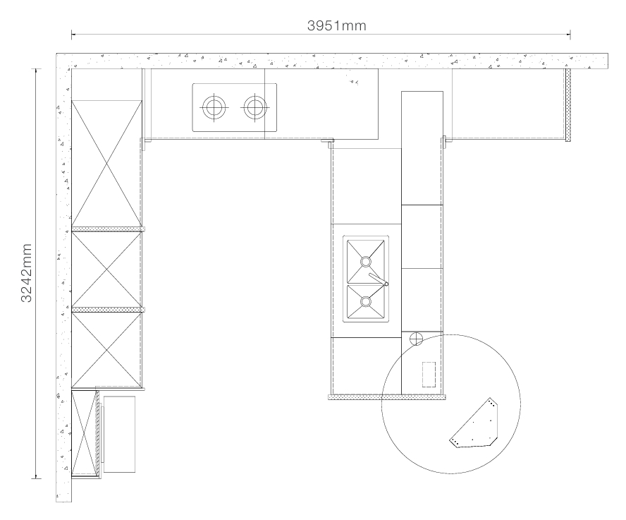 A black-and-white kitchen layout floor plan with dimension annotations, including 3951 mm width and 3242 mm height, plus a circular detail callout near the lower right.