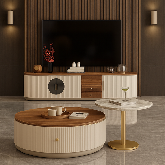 Modern living room with a TV above a wooden and white entertainment console, round wooden coffee table, and marble side table.