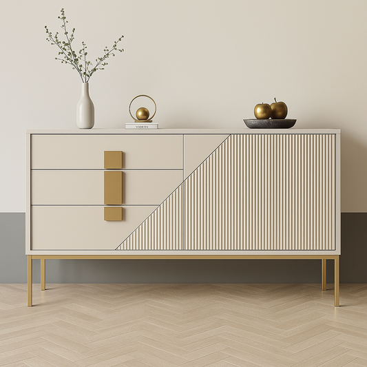 Modern console with geometric design in a minimalistic room