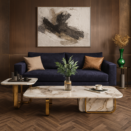 Modern living room with a navy blue sofa, marble coffee table, and abstract art on the wall.