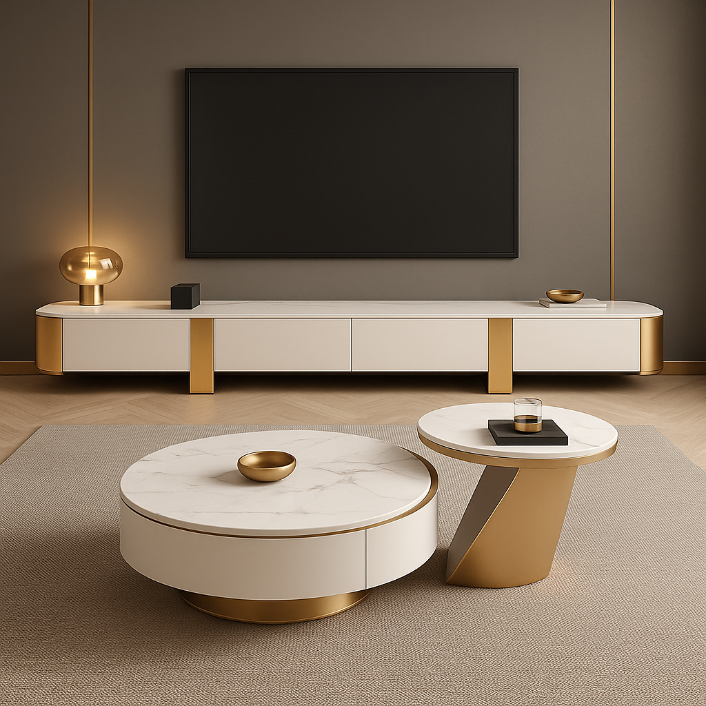 Modern living room with a white and gold entertainment console, round coffee table, and decorative items.