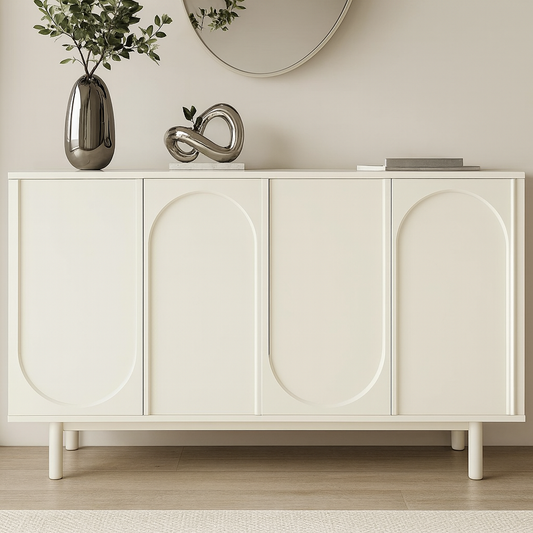 White entryway console with decorative items against a neutral wall