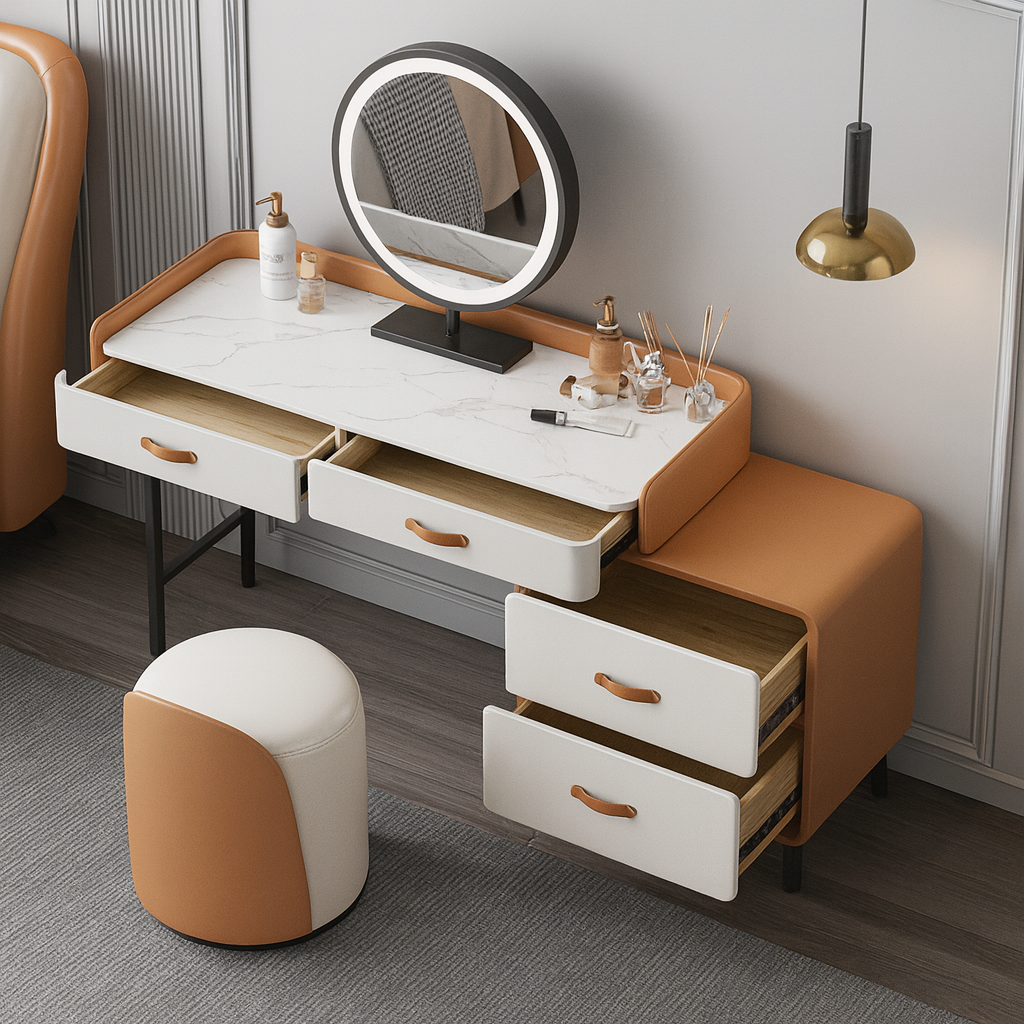 Caramel brown dressing table with mirror and stool in a room setting