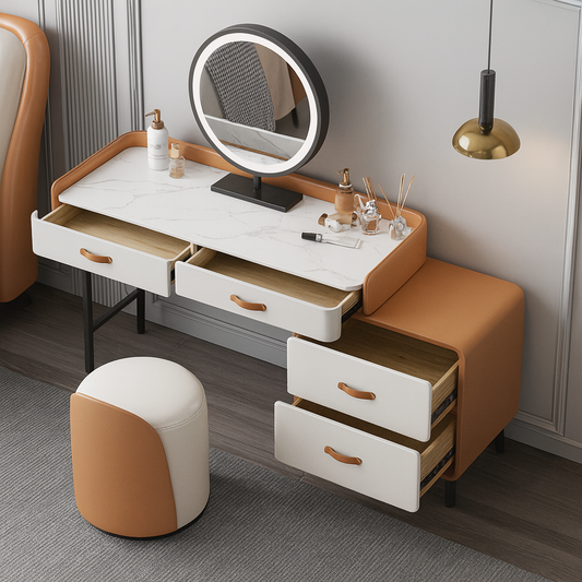 Caramel brown dressing table with mirror and stool in a room setting