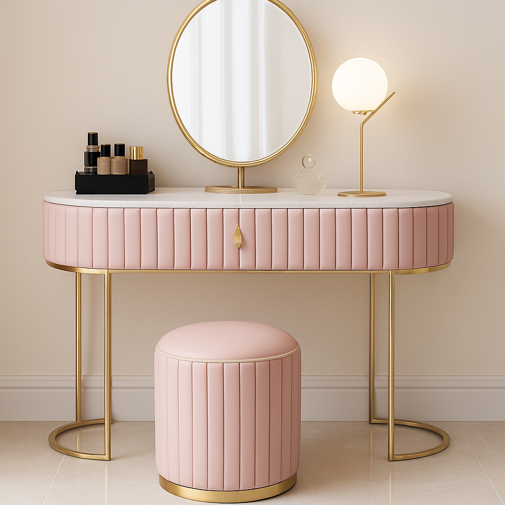 Pink vanity table with round mirror and stool in a stylish room.