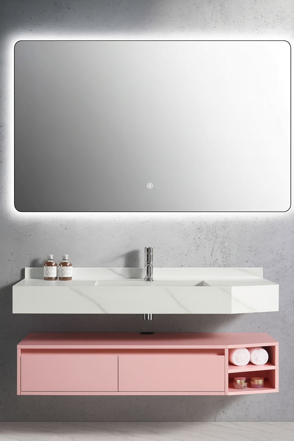 Modern floating vanity in matte rose finish with integrated basin – luxury bathroom design Canada