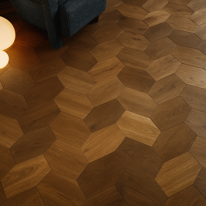 Geometric engineered wood flooring in warm walnut tones arranged in an interlocking angular pattern — SAIBA Homes.
