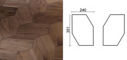 Close-up of Bordaire engineered flooring showing multi-angled walnut pieces with seamless joins — SAIBA Homes.