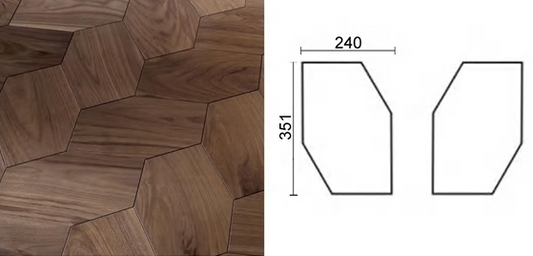 Close-up of Bordaire engineered flooring showing multi-angled walnut pieces with seamless joins — SAIBA Homes.