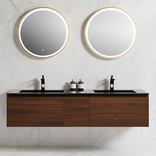 Floating wall-mounted vanity with dual sinks and natural wood finish – luxury bathroom design Canada