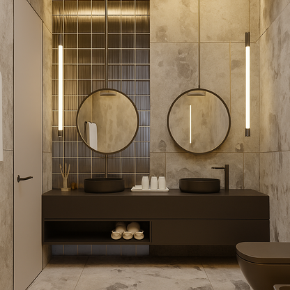 Modern dark brown wall-mounted double vanity with round mirrors and LED lighting. SAIBA Homes